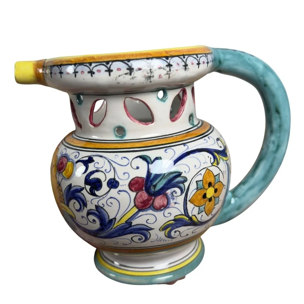 P.V. Italy Majolica Puzzle Jug Drink If You Can Hand Painted Ceramic Pitcher